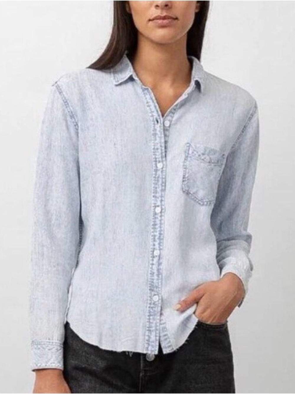 Rails Ingrid Light Acid Wash Denim Button-Down Shirt - Raw hem
